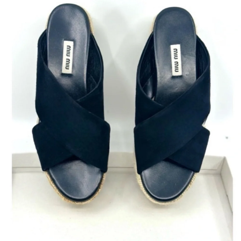 MIU MIU Suede Espadrille Platform Slip on Slides Sandals Black size 8 NEW